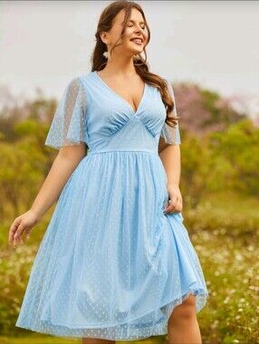 Baby Blue Swiss Dot Mesh Layered V Neck Midi Dress